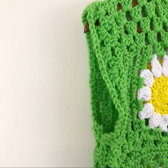 Vintage Crochet Granny Square Handknit Flower Cropped Sweater Vest Green S M - Picture 9 of 9